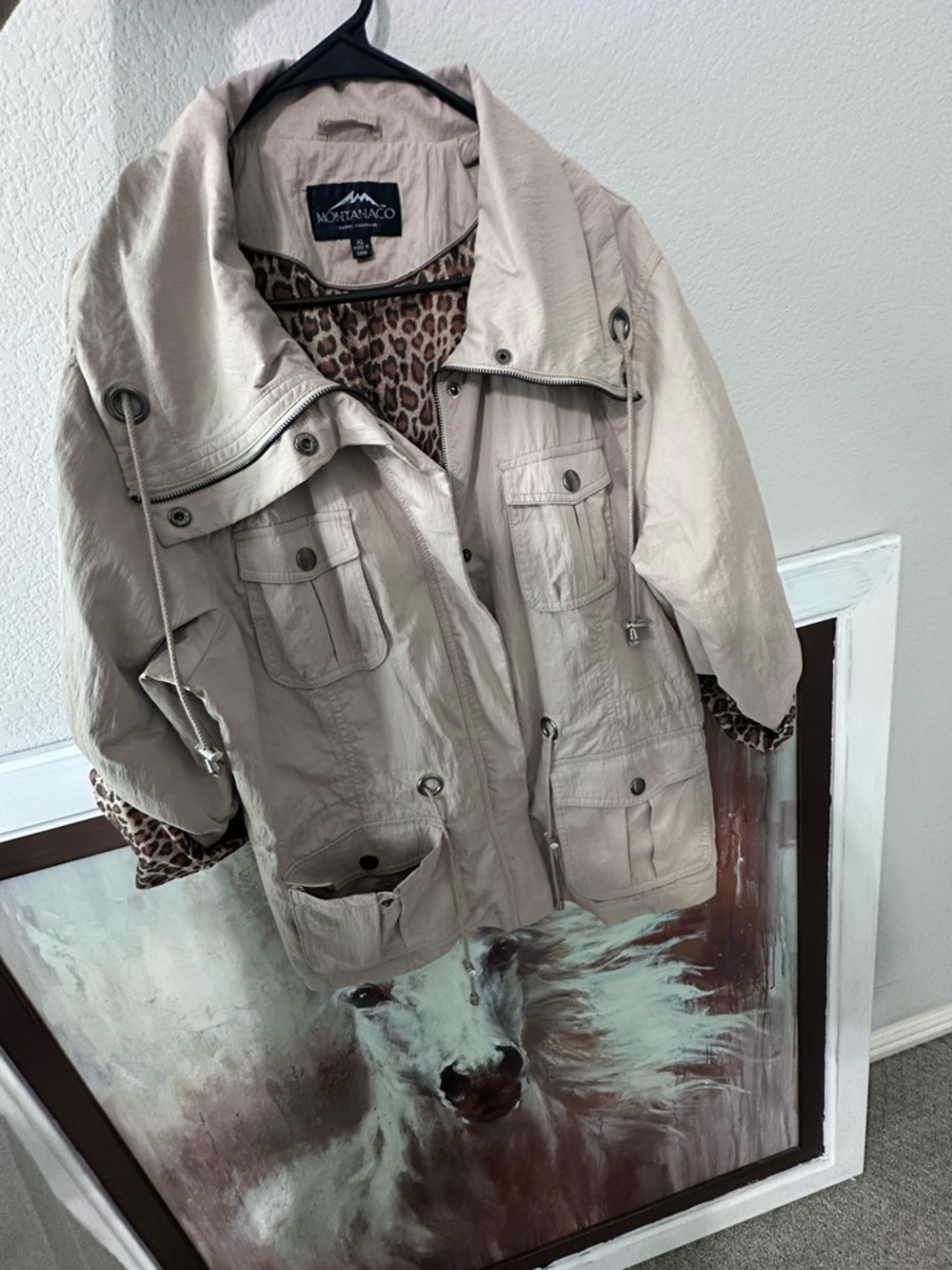 Montanaco Lightweight Beige Utility Jacket with Leopard Trim